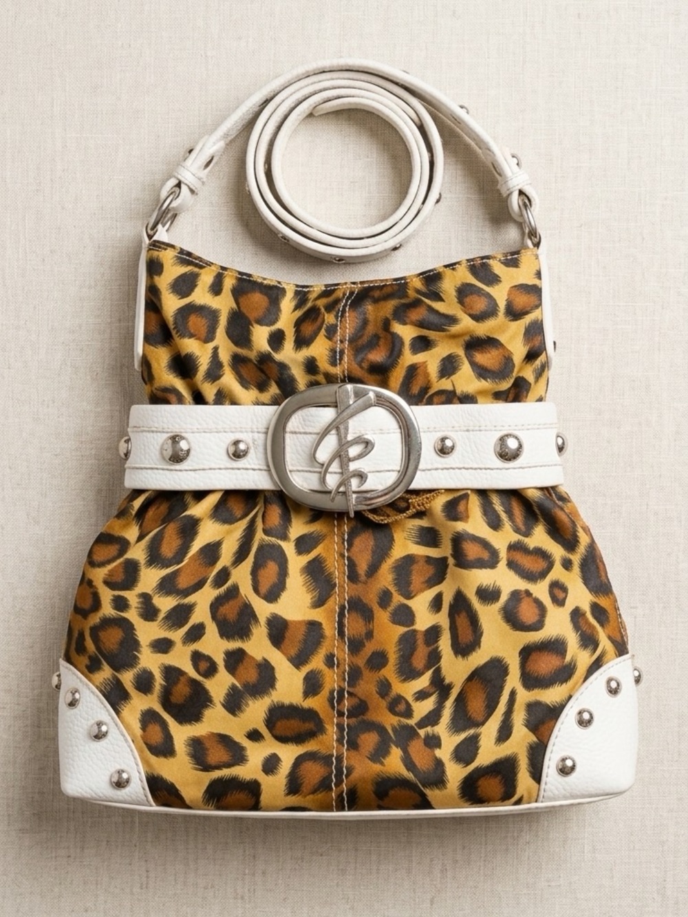 Y2K Rare Kathy Van Zeeland Leopard Print Shoulder Bag with White Trim